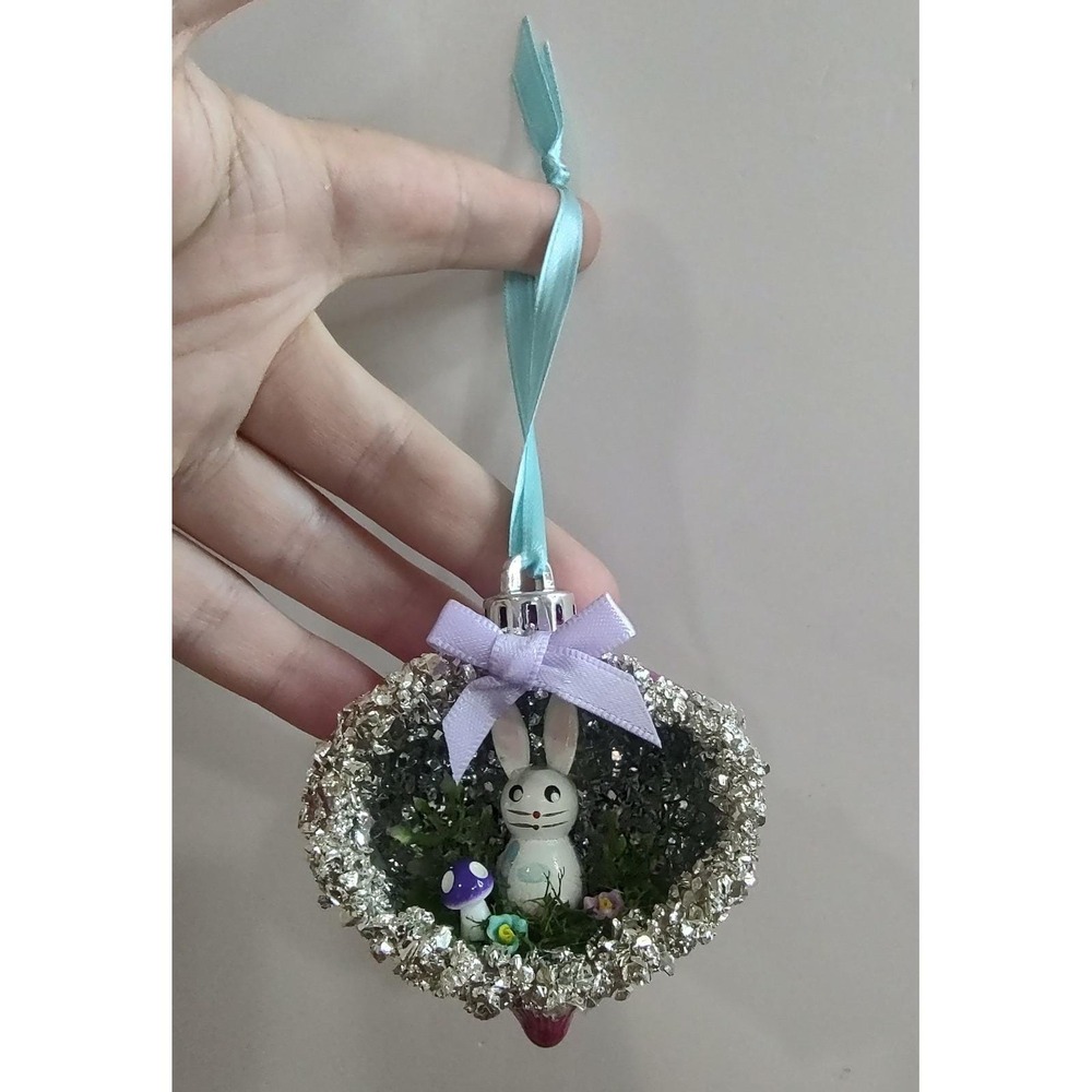 Bunny Rabbit Christmas Ornament Handmade Vtg Style OOAK Shatterproof Diorama